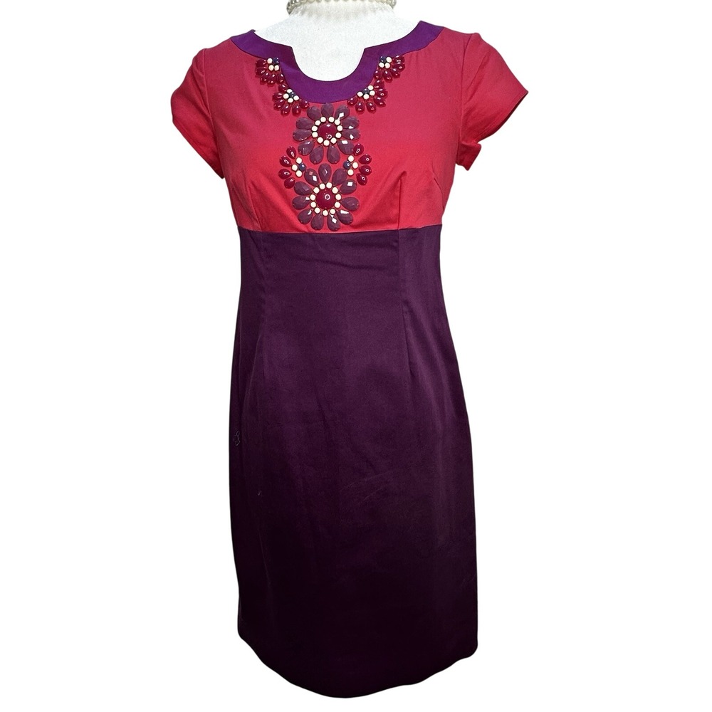 Boden Colorblock Dress Sz 4P Embellished Beaded Pink Purple Sheath Pencil Midi